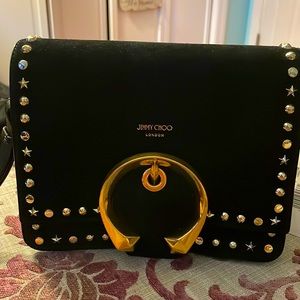 Jimmy Choo Madeline Shoulder Bag (Black Suede with star/round studded trim)